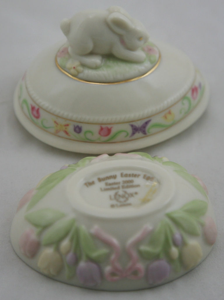 Thumbnail: Lenox Bunny Egg Trinket Box with Tulips, Ribbons and Butterflies