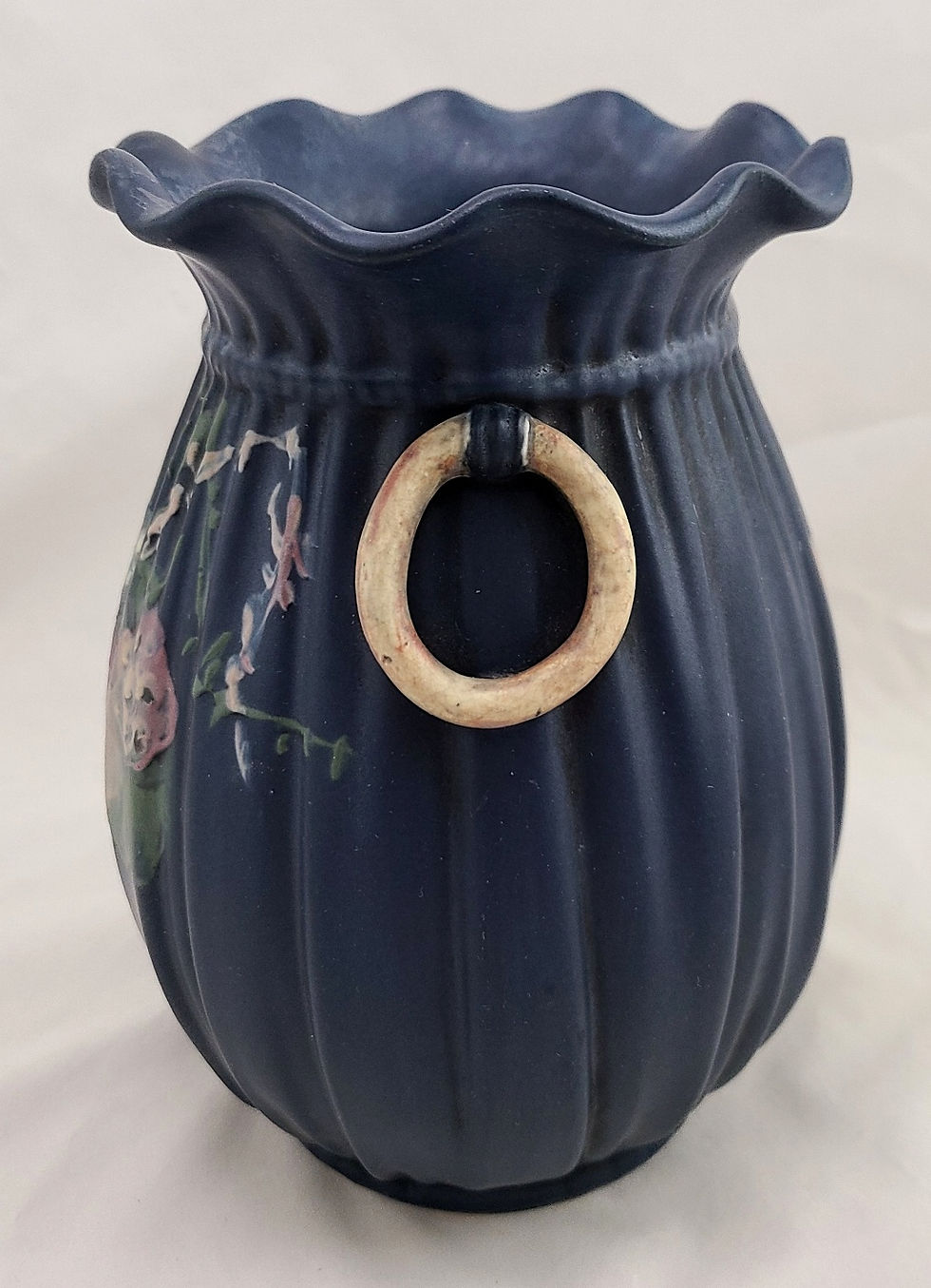 Thumbnail: Weller Hudson Blue And Decorated Pleated Vase with Berries and Leaves Copra Form