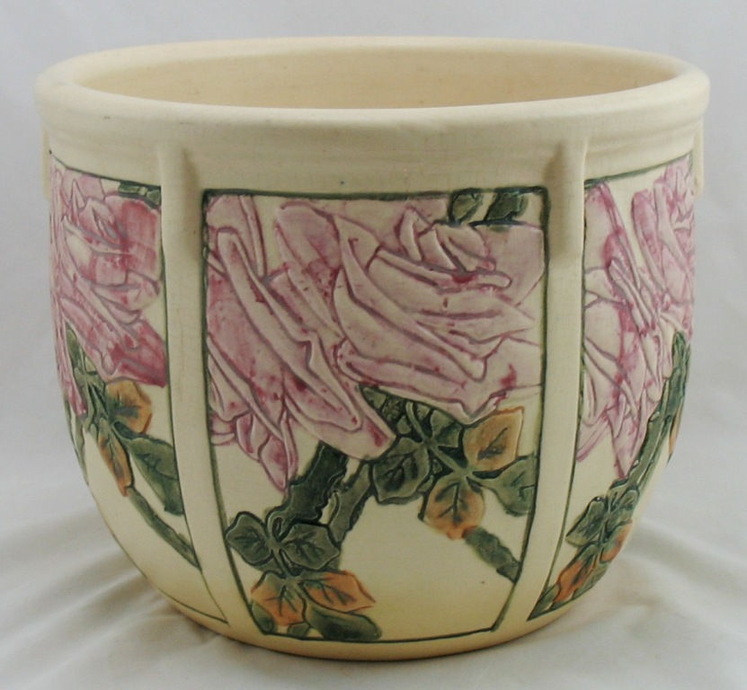Thumbnail: Weller Creamware Roma Buttressed Arts & Crafts Jardiniere Rose Blossoms c1910s-2