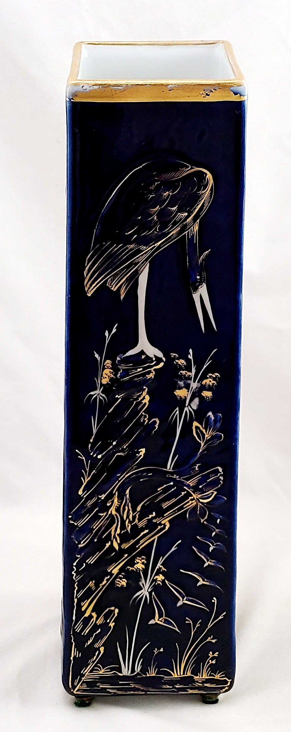 Thumbnail: WC & Co. Japanesque Tall Footed Vessel with Cranes and Insects in Cobalt/Gilt c1