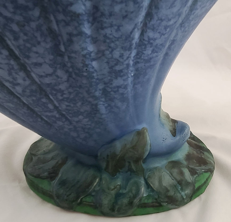 Thumbnail: Weller Sydonia Cornucopia Vase in Blue Glaze with an Oyster Frost Paper Label