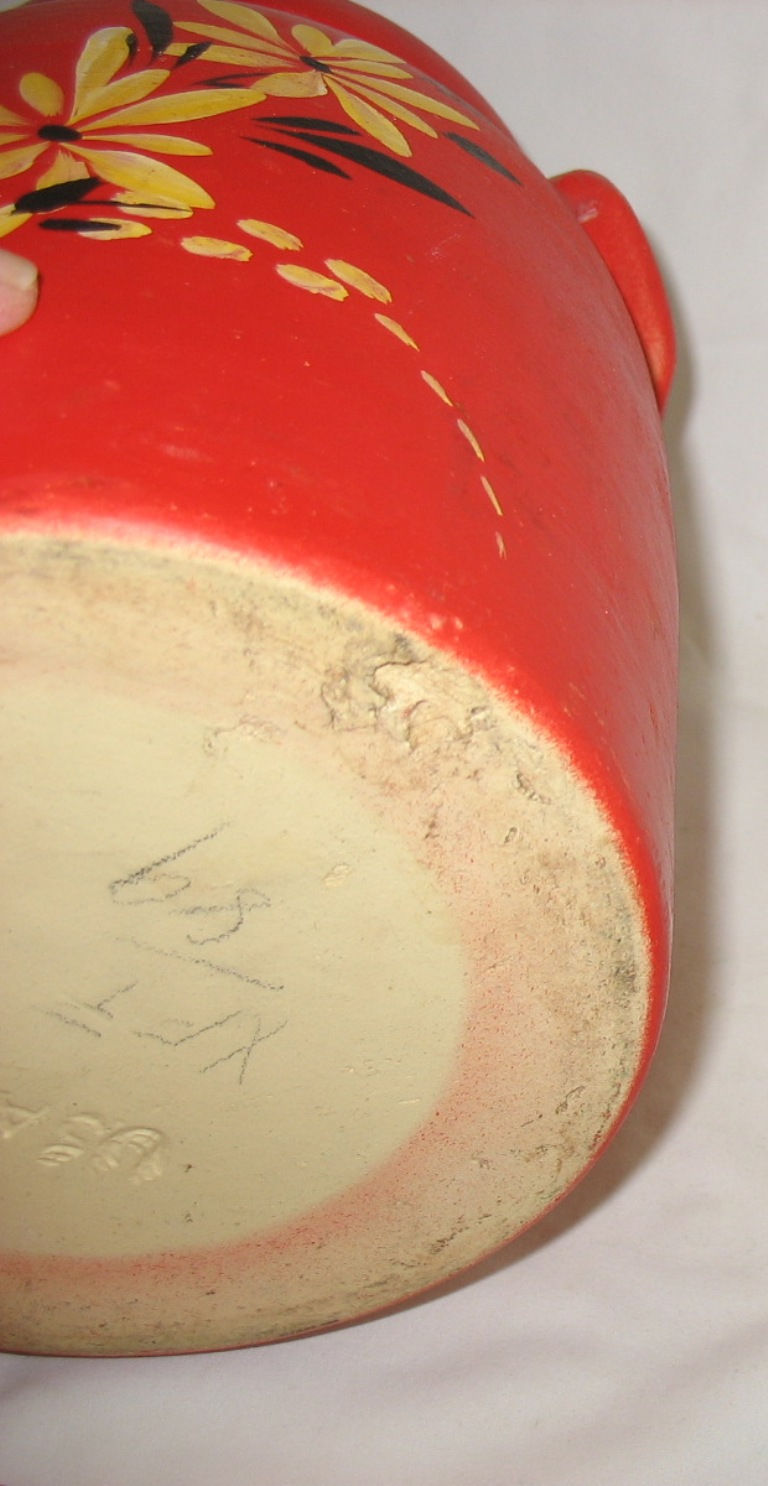 Thumbnail: Robinson Ransbottom Crown Line Hand-Painted Cookie Jar with Ears in Red c1930s