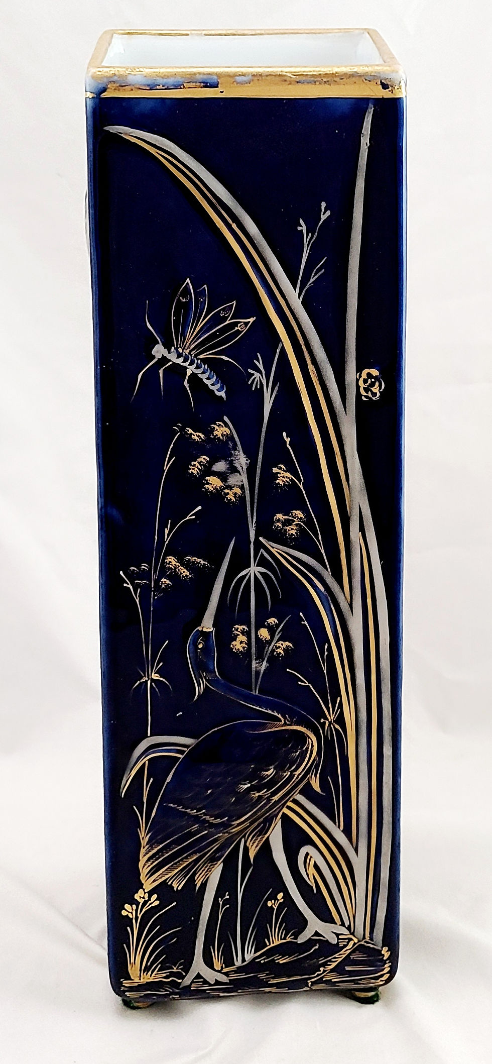 Thumbnail: WC & Co. Japanesque Tall Footed Vessel with Cranes and Insects in Cobalt/Gilt c1