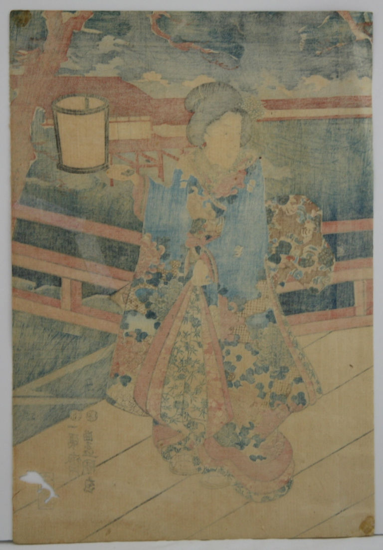 Thumbnail: Utagawa Kunisada/Toyokuni III (1786-1865)  Crossing a Bridge in a Moonlit Garden