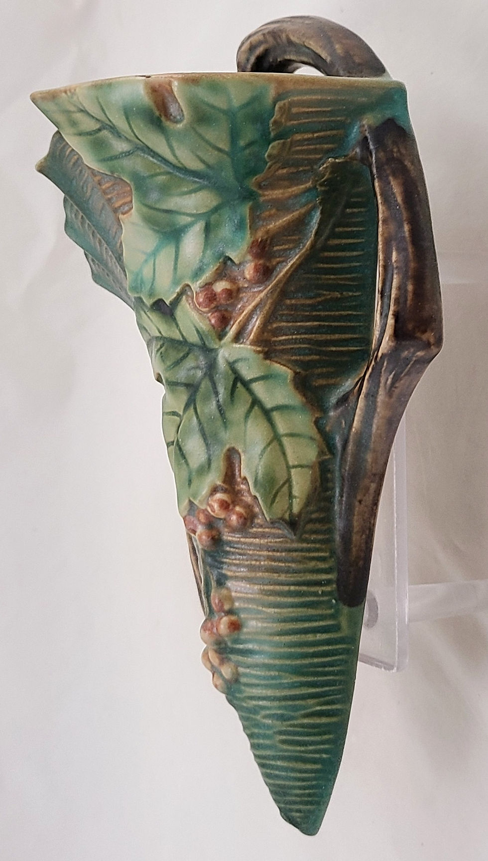 Thumbnail: ON HOLD Roseville Bushberry Wallpocket #1291-8 Rich Green Glaze Orange Berries