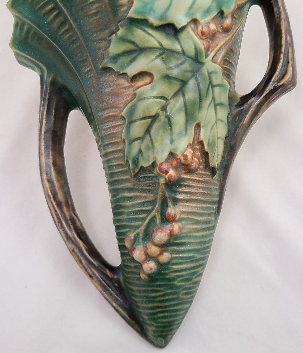 Thumbnail: ON HOLD Roseville Bushberry Wallpocket #1291-8 Rich Green Glaze Orange Berries