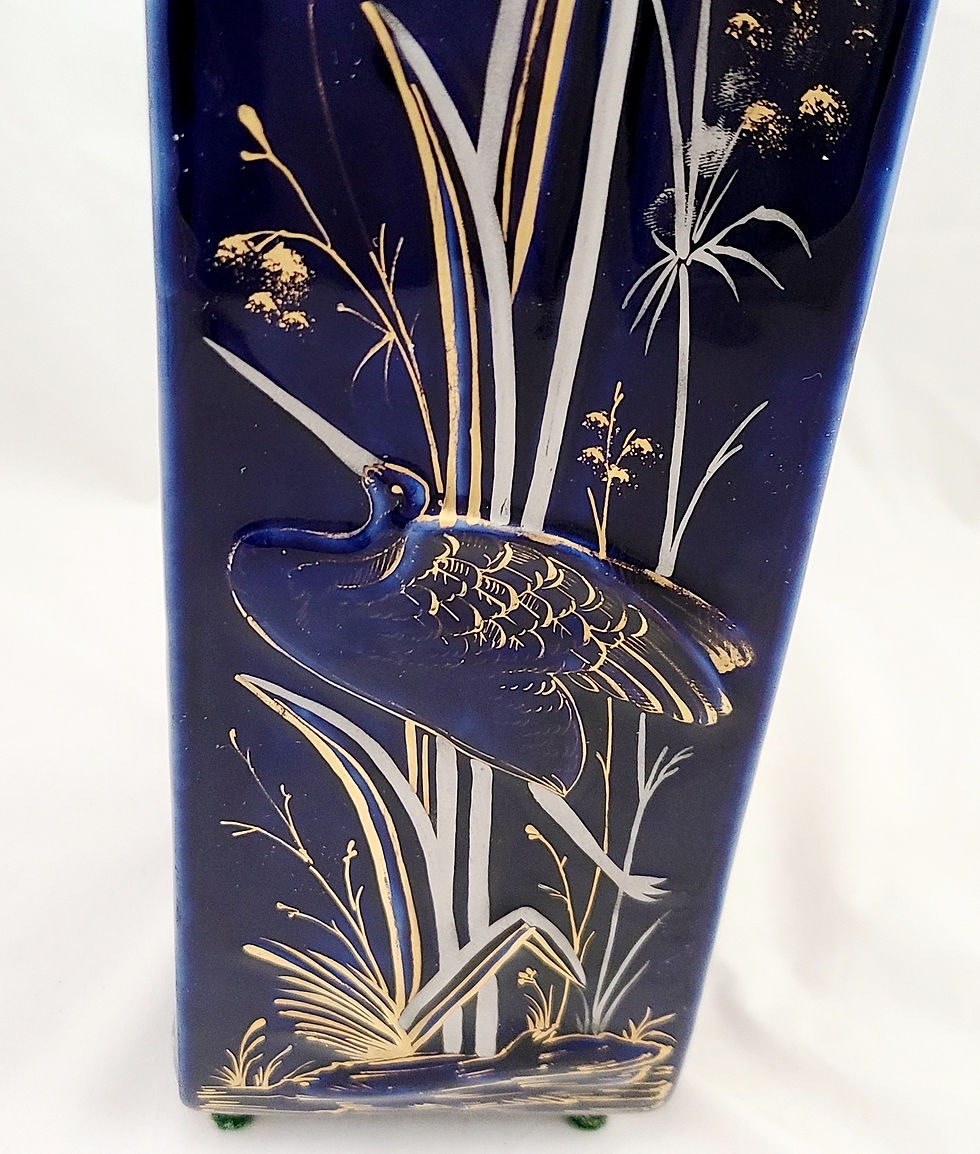 Thumbnail: WC & Co. Japanesque Tall Footed Vessel with Cranes and Insects in Cobalt/Gilt c1