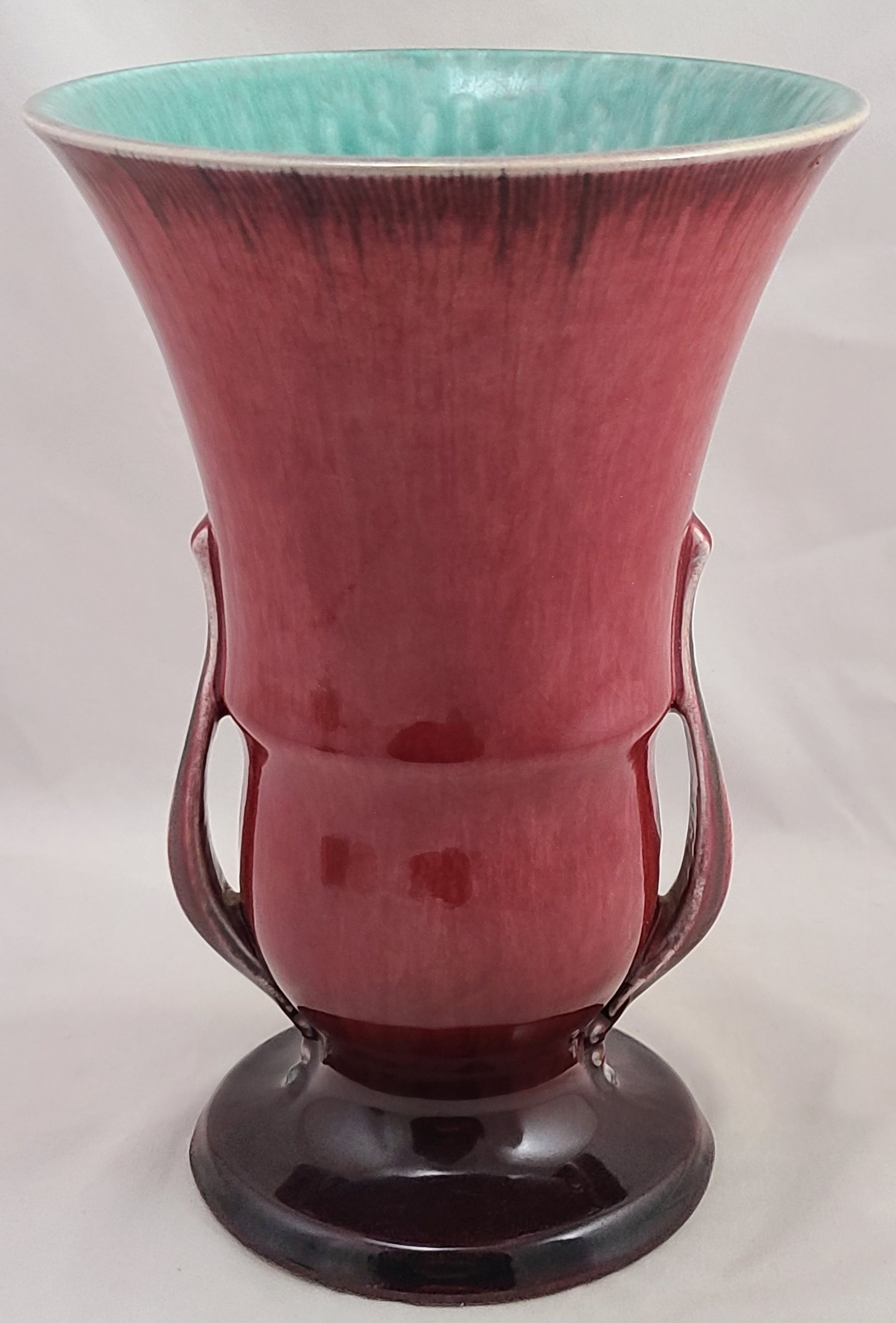 Roseville Orian Art Deco Vase in Rich Berry Red/Turquoise 739-9 Original Cond.