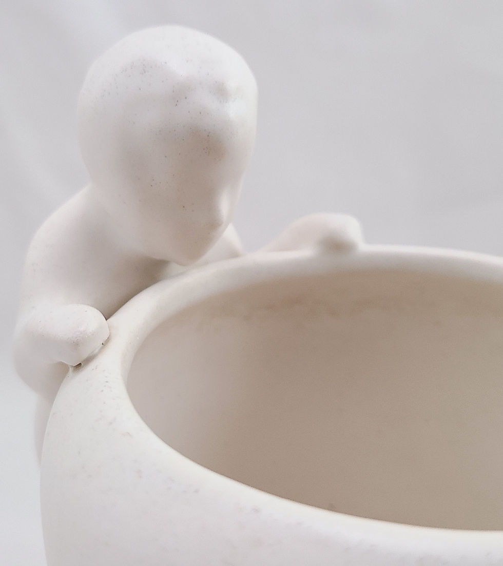 Thumbnail: Rare Early Haeger Young Boy Looking into a Vase d1939 #276 in Mat Ivory Glaze