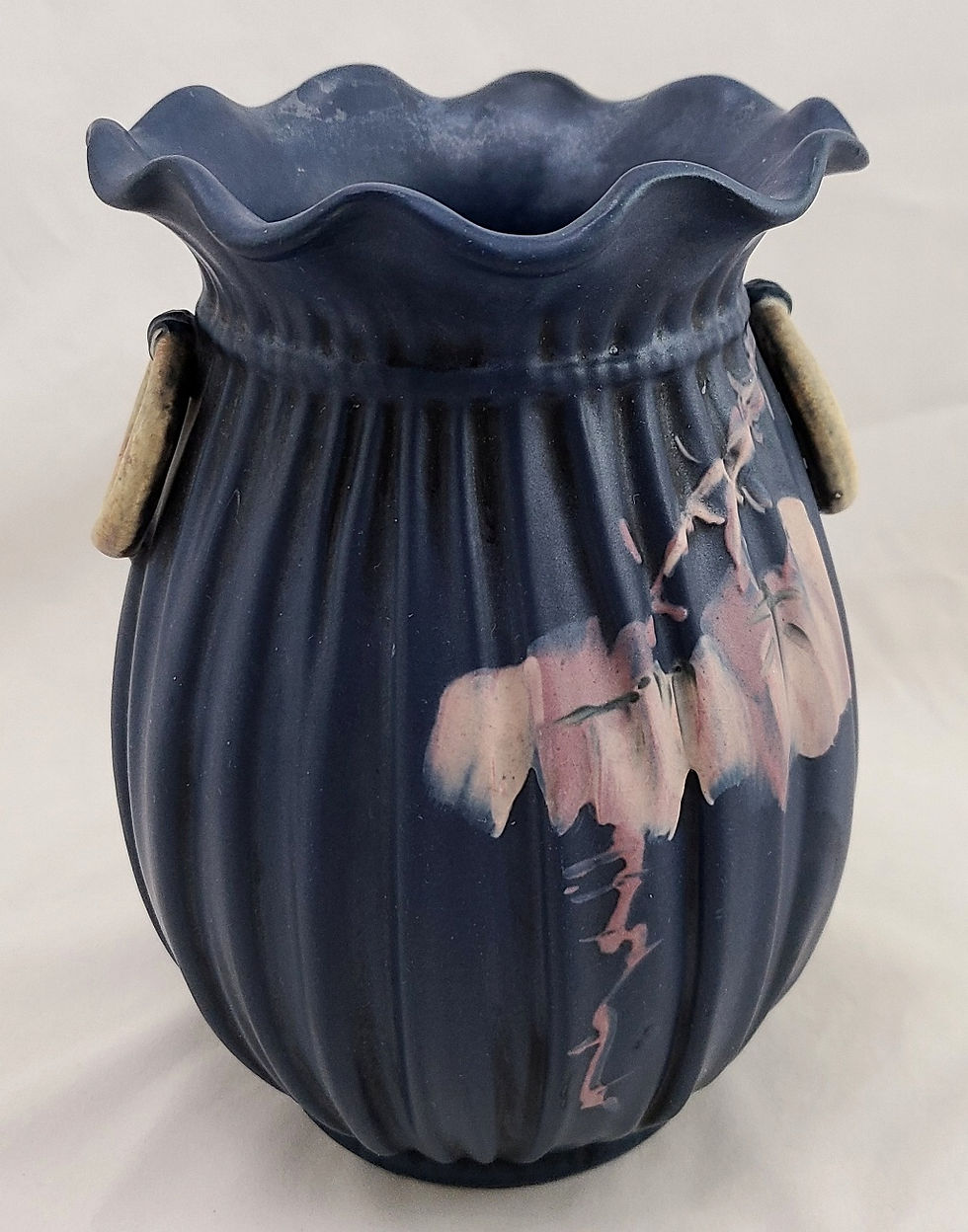 Thumbnail: Weller Hudson Blue And Decorated Pleated Vase with Berries and Leaves Copra Form