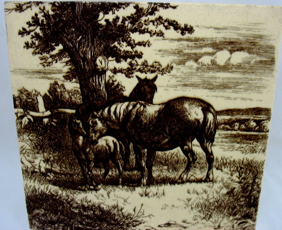 Thumbnail: Mintons China Works 'Horses, Mare & Foal' Tile Designed by William Wise d1879