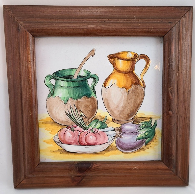 Vintage 1940s Italian Tile Vegetables/Soup Pot in Wood Frame for Dining/Kitchen