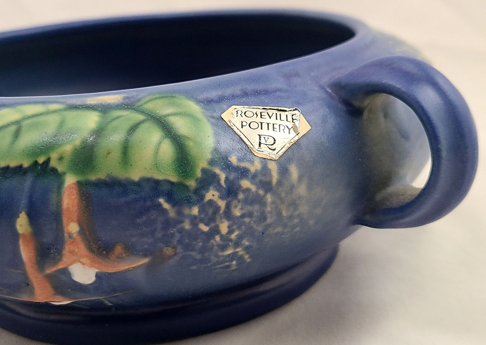 Thumbnail: Roseville Fuchsia Center Bowl In Rich Blue Glaze Shape 348-5 Silver Paper Label