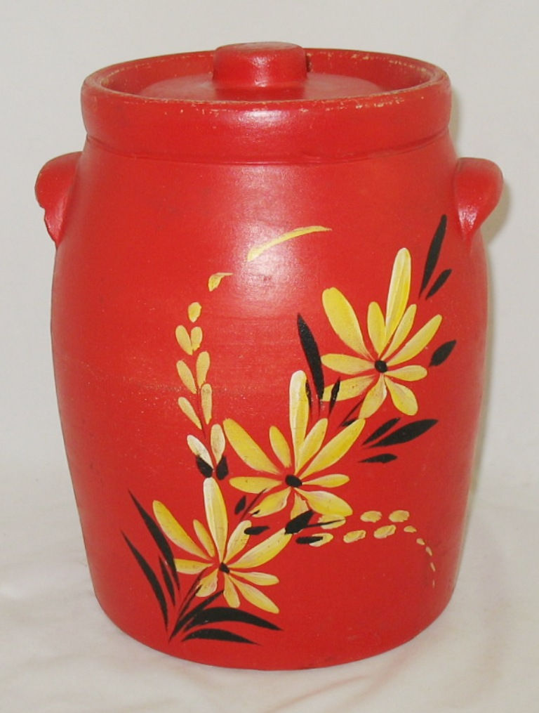 Robinson Ransbottom Crown Line Hand-Painted Cookie Jar with Ears in Red c1930s