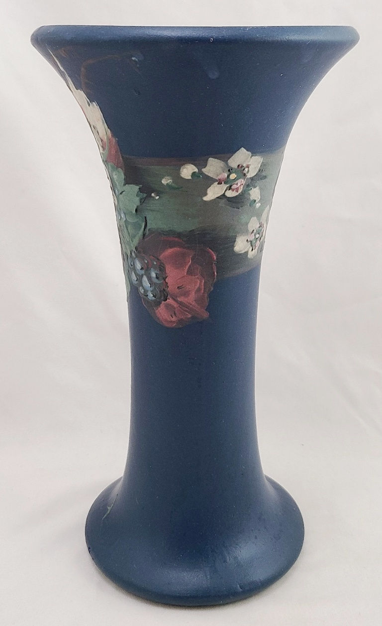 Thumbnail: Weller Hudson Blue and Decorated Trumpet Vase Cascading Blossoms/Berries/Leaves