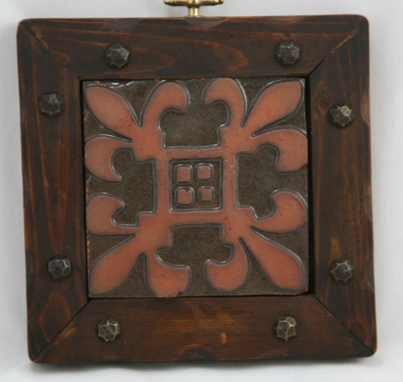 Thumbnail: Mercer Moravian Tile 'Fleur de Lis' Handsomely Framed in Wood with Metal Accents