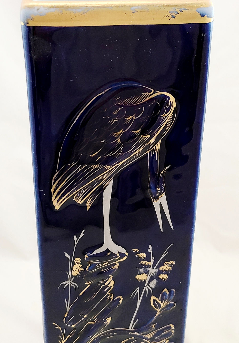 Thumbnail: WC & Co. Japanesque Tall Footed Vessel with Cranes and Insects in Cobalt/Gilt c1