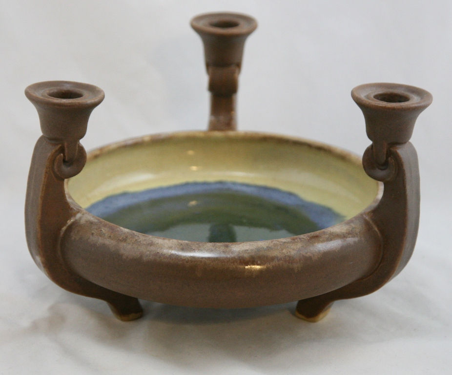 Thumbnail: Fulper 6.5" x 9.5" Candlestem Footed Bowl c1909-1917 Frothy Brown/Blue Glazes