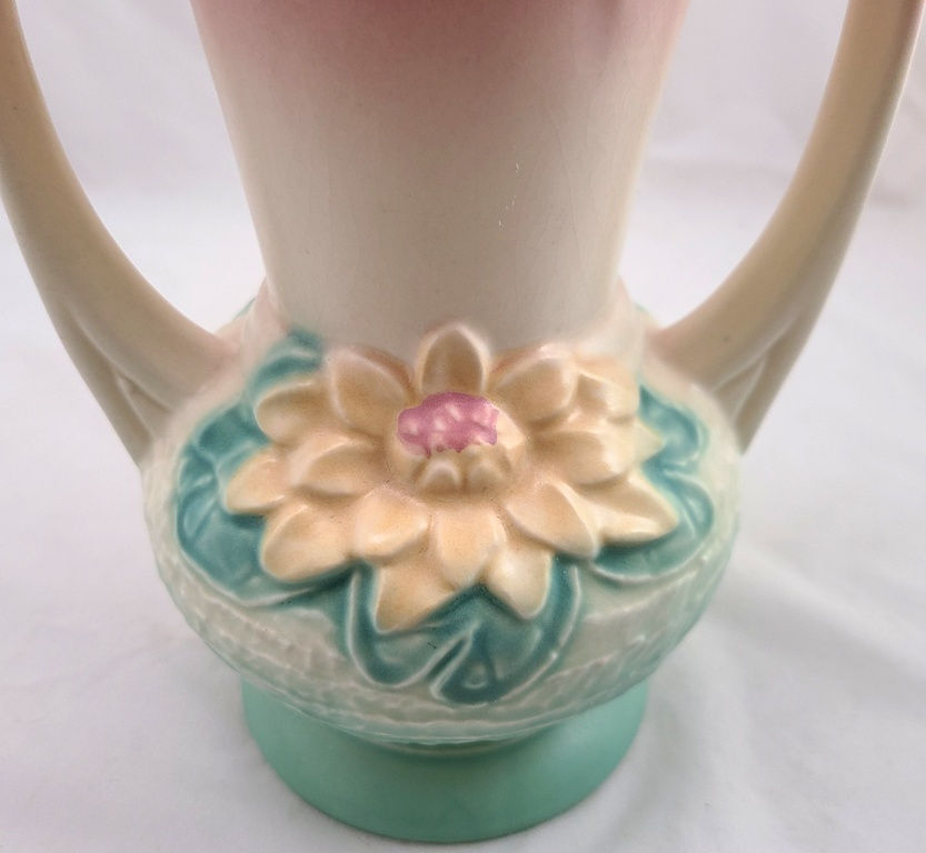 Thumbnail: Hull Waterlily Vase with Leafy Vine-like Handles Shape L-10-9 1/2 c1940s