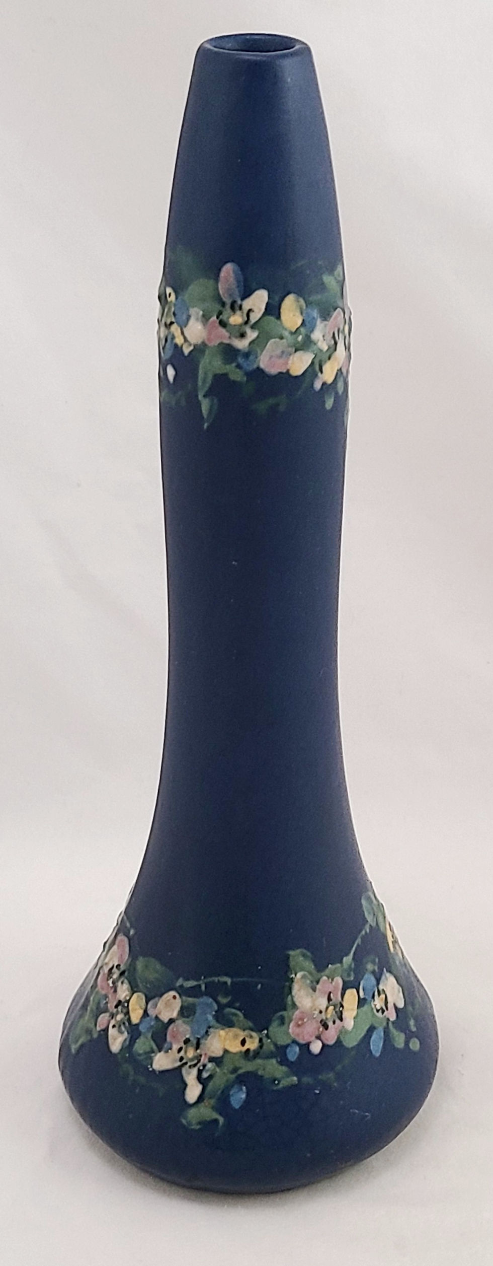 Thumbnail: Weller Hudson Blue And Decorated Tall Bud Vase with Blossom Garlands c1920