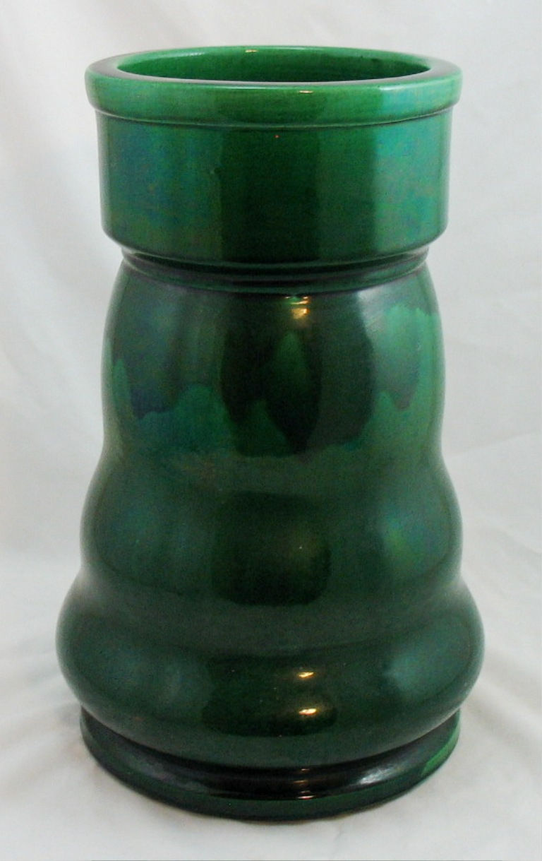 Thumbnail: Awaji Pottery Elephant's Foot Vase in Vivid Oilspotted Lustre Green Glazes c1880