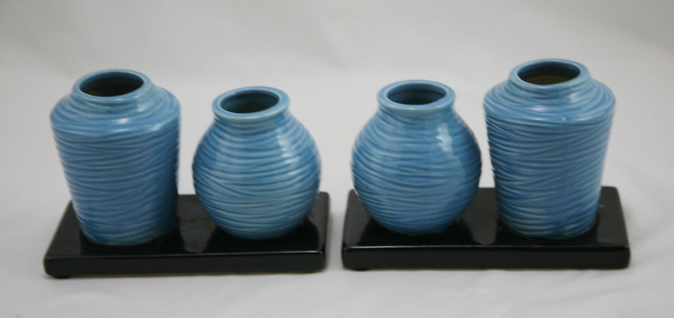 Thumbnail: Asian-style Studio Set of Bamboo Baskets in Blue Glaze on Black Platforms
