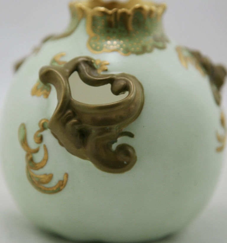 Thumbnail: Royal Doulton Early Vase W/Three Cutouts c1891-1902 Soft Green Gold Leaf Accents