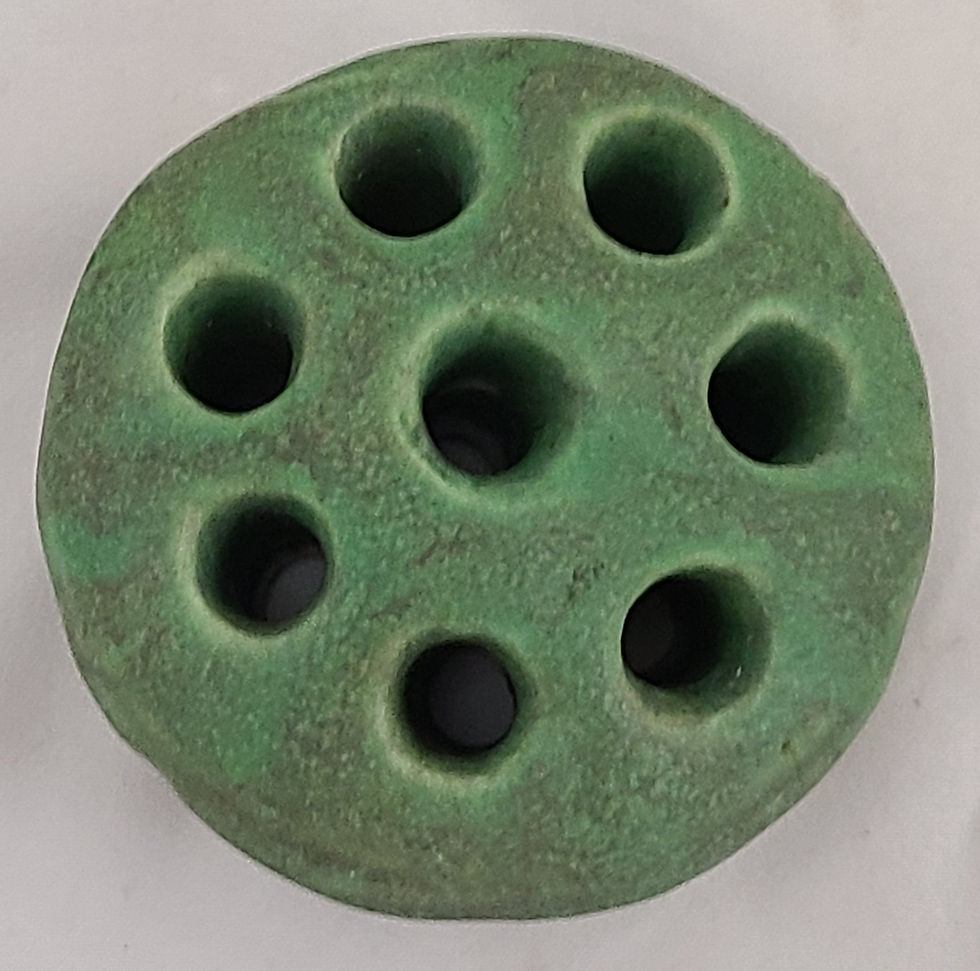 Thumbnail: Roseville Early Velmoss or Velmoss I Small Flower Frog In Green On Ochre/Red