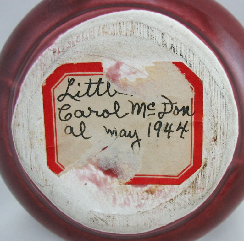 Thumbnail: Camark Pottery Miniature Pitcher Burgundy Semi-Mat Glaze Paper Label c1930s-40s