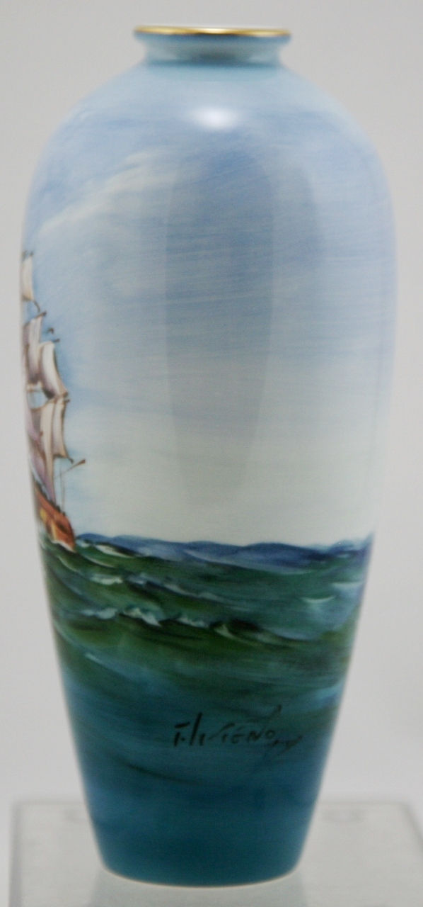 Thumbnail: Noritake Ships Vase Bone China Hand-painted Artist-signed c1950s