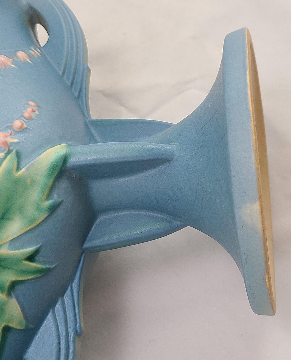 Thumbnail: Roseville Bleeding Heart 12" Basket w/built-in Flower Frog In Rich Blushed Blue