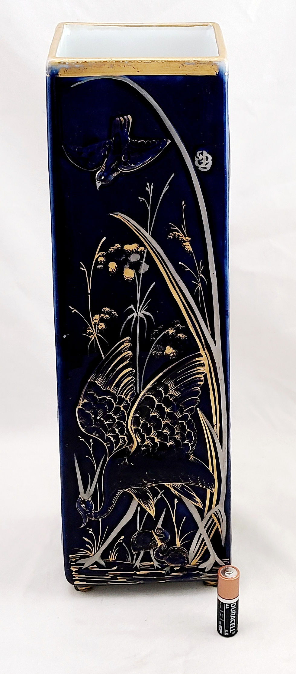 Thumbnail: WC & Co. Japanesque Tall Footed Vessel with Cranes and Insects in Cobalt/Gilt c1