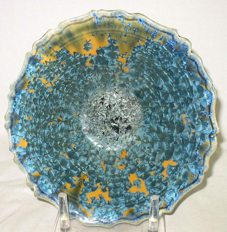 Thumbnail: Edgecomb Pottery Crystalline Bowl in Awesome Blue over Ochre Heavy Crystal Glaze