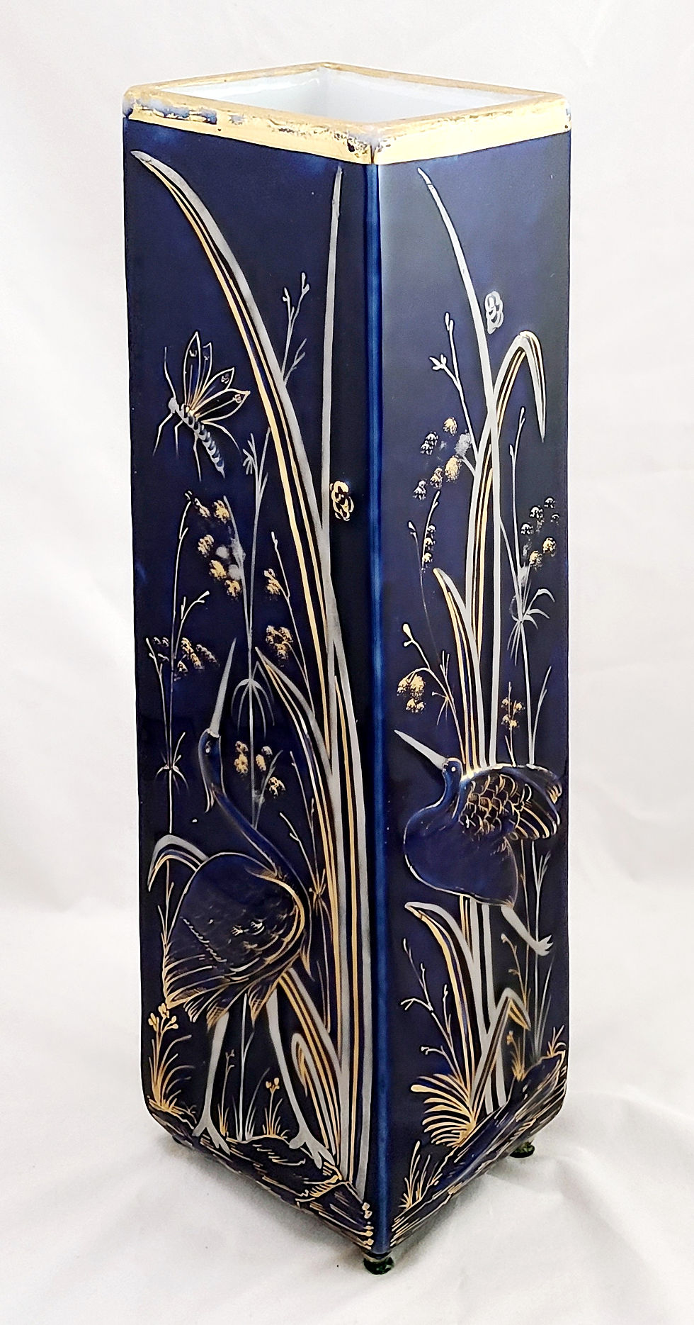 Thumbnail: WC & Co. Japanesque Tall Footed Vessel with Cranes and Insects in Cobalt/Gilt c1