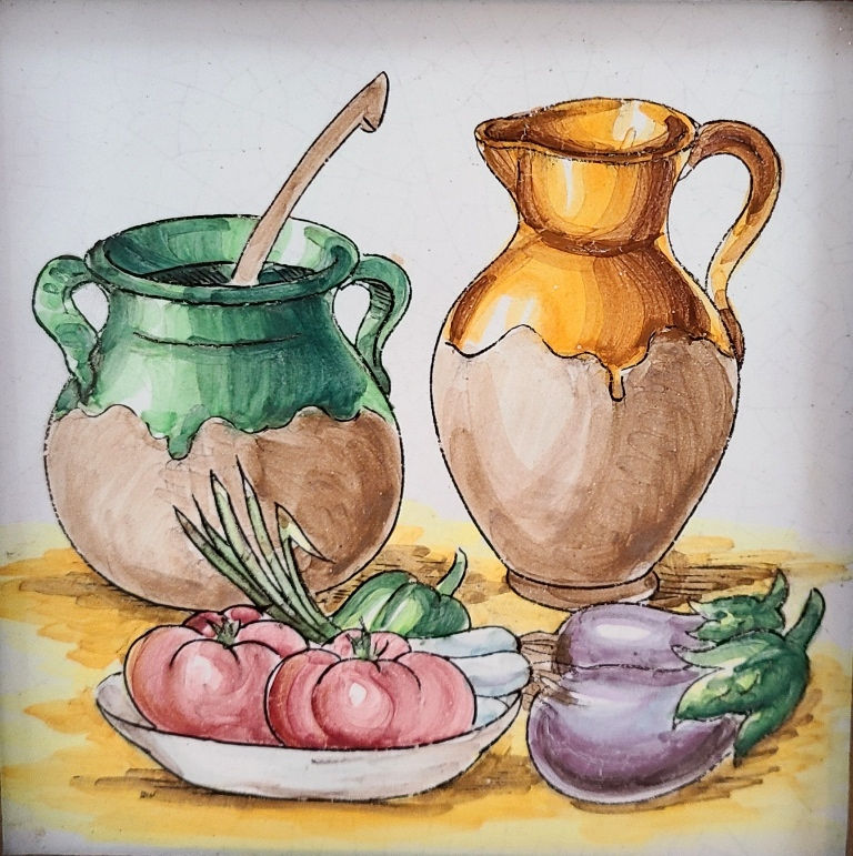 Thumbnail: Vintage 1940s Italian Tile Vegetables/Soup Pot in Wood Frame for Dining/Kitchen