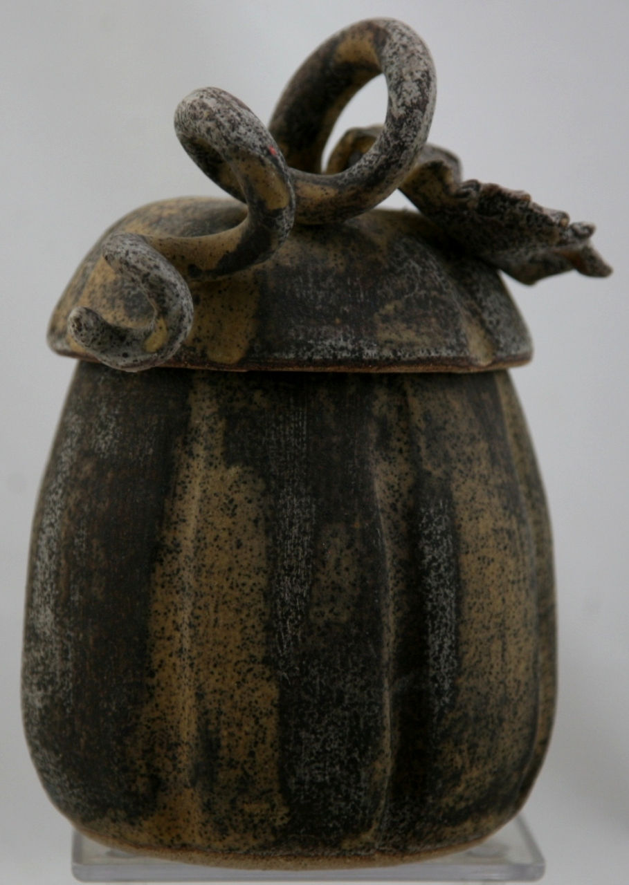 Thumbnail: Rae Marie Crisel Lidded Contemporary Stoneware Gourd 7.5" Mint C368