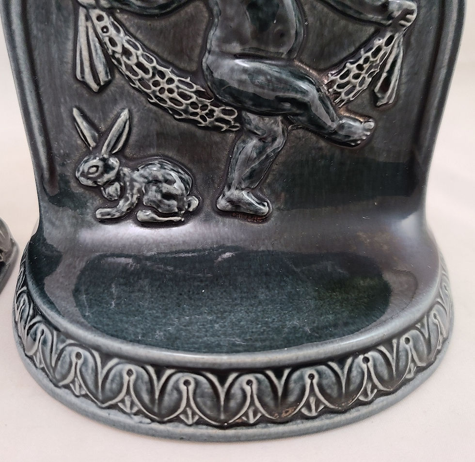 Thumbnail: American Encaustic Tile Co. AETCO Boy and Bunny Bookends in Blue Lustrous Glaze