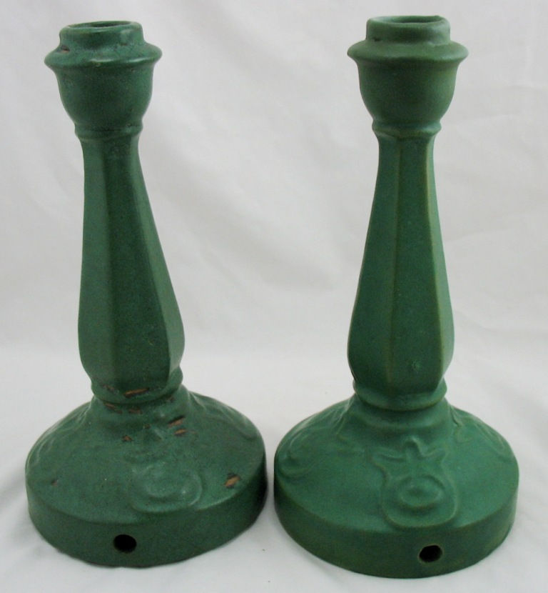 Thumbnail: Zaneware Peters & Reed Candlestick/Lamp Base Pair In Matte Green Glaze c1920s