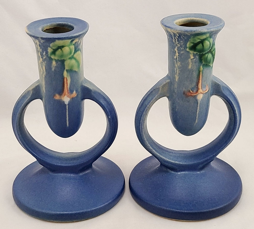 Thumbnail: Roseville Fuchsia Tall Candlesticks In Rich Blue Glaze Shape 1133-5