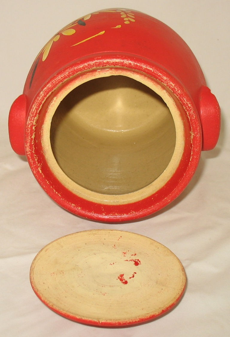 Thumbnail: Robinson Ransbottom Crown Line Hand-Painted Cookie Jar with Ears in Red c1930s