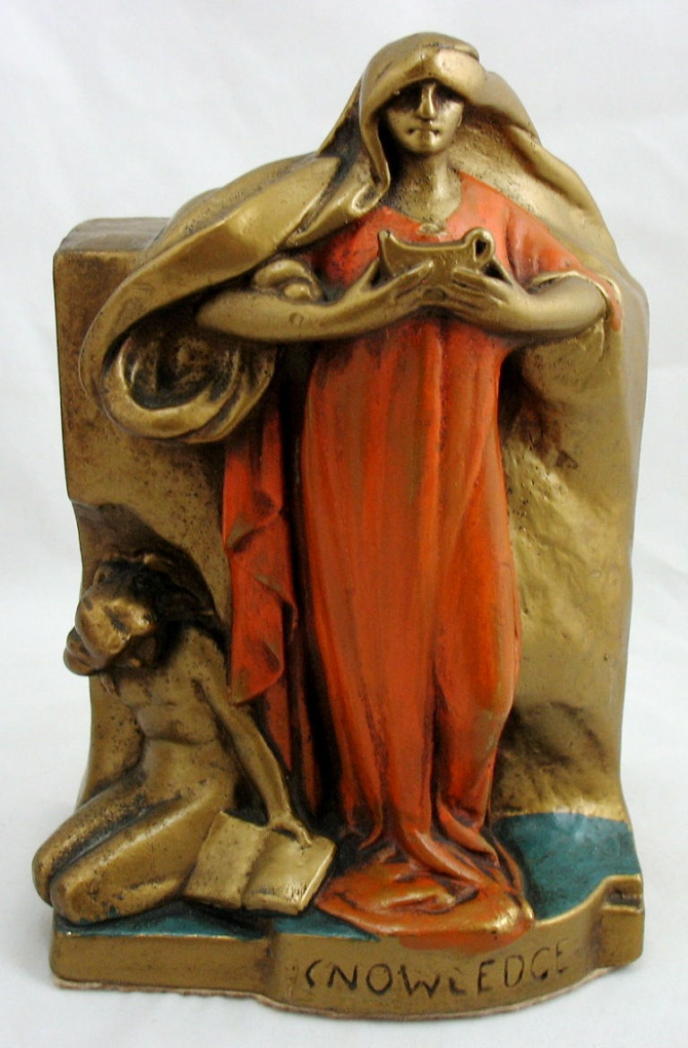 Thumbnail: Galvano Bronze Co. 'Knowledge' Full Polychrome Bookends, Bronze-Jacketed d1926