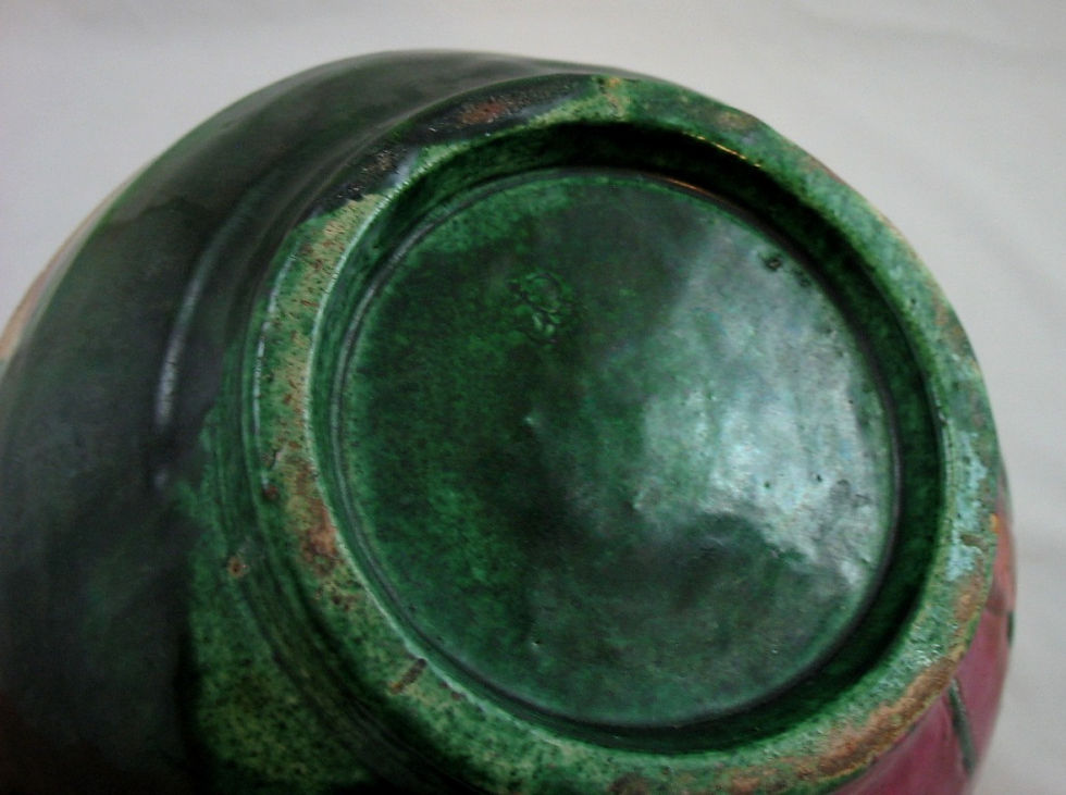 Thumbnail: Awaji Pottery Pitcher Iris Blossoms/Hand-Carved Checkered Pattern c1880-1939