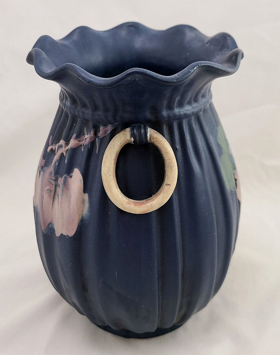 Thumbnail: Weller Hudson Blue And Decorated Pleated Vase with Berries and Leaves Copra Form