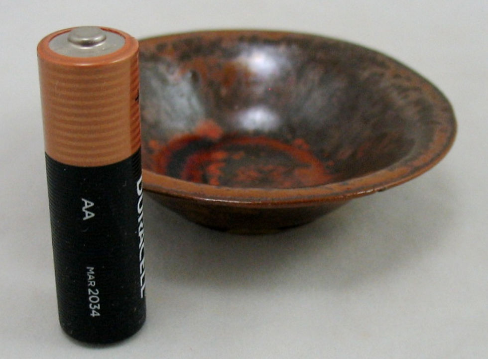Thumbnail: Paul Revere Pottery Miniature Flared Bowl Firey Orange/Brown Glaze Paper Label
