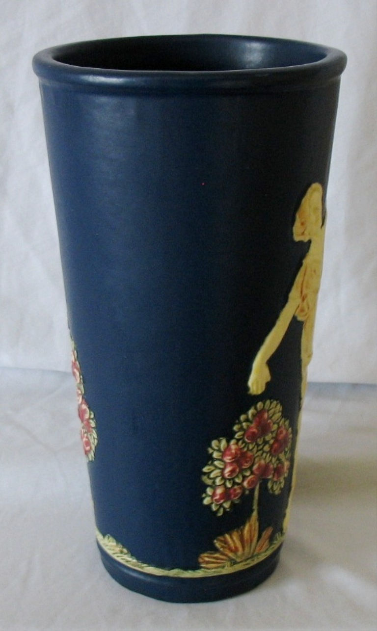 Thumbnail: Weller Blue Ware Vase with a Lady Dancing in a Garden Scene