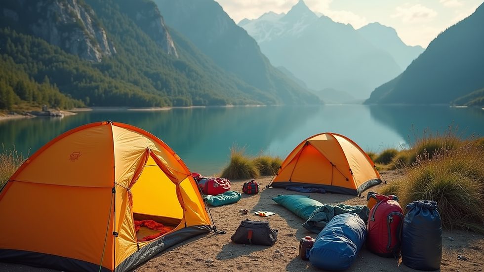 High angle view of colorful camping gear laid out on a clear surface
