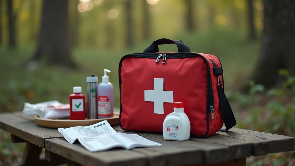 Close-up view of a first aid kit and emergency supplies on a camping table
