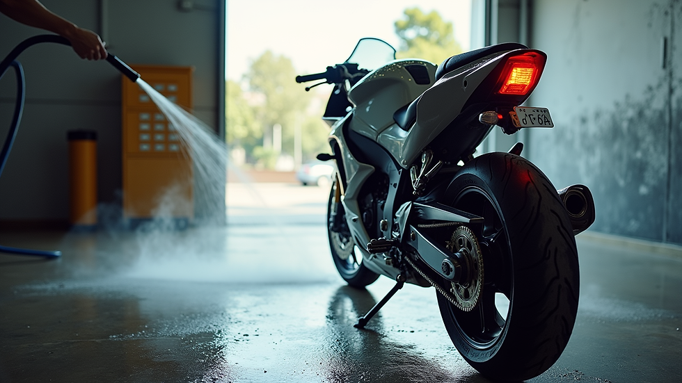 Eye-level view of a motorcycle being gently rinsed with a hose