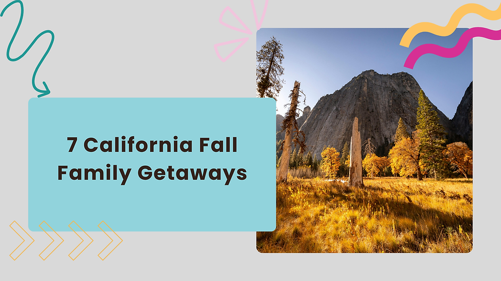 Graphic slide with text 7 California Fall Family Getaways over a Yosemite valley photo with cliffs, golden trees, and blue sky.
