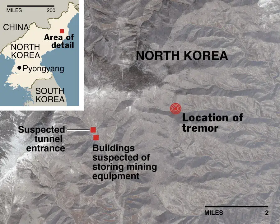Grey map with red boxes and black lettering of the region of North Korea where tremor was detected and tunnels are suspected of housing North Korea's nuclear program. In relief is a map of the North Korea with the area of detail marked in red.